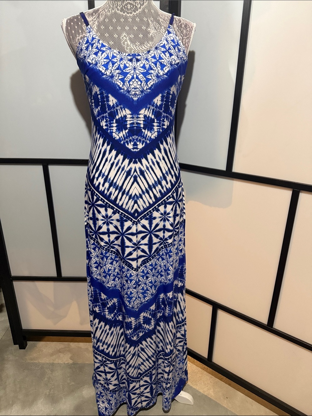 VENUS Royal Blue and White Printed Maxi Slip Dress